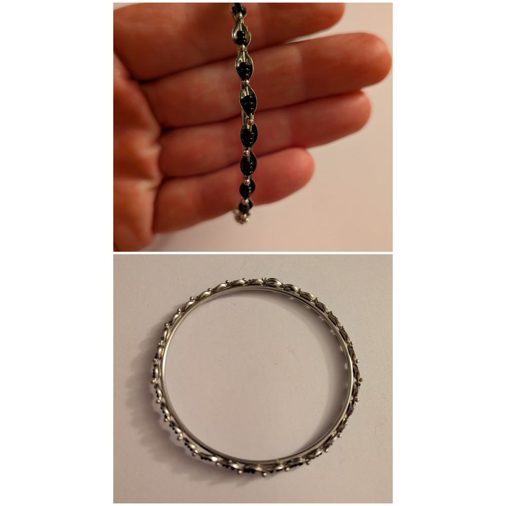 Vintage Silver Tone Black Bead Bangle Bracelet Gothic Minimalist Stackable